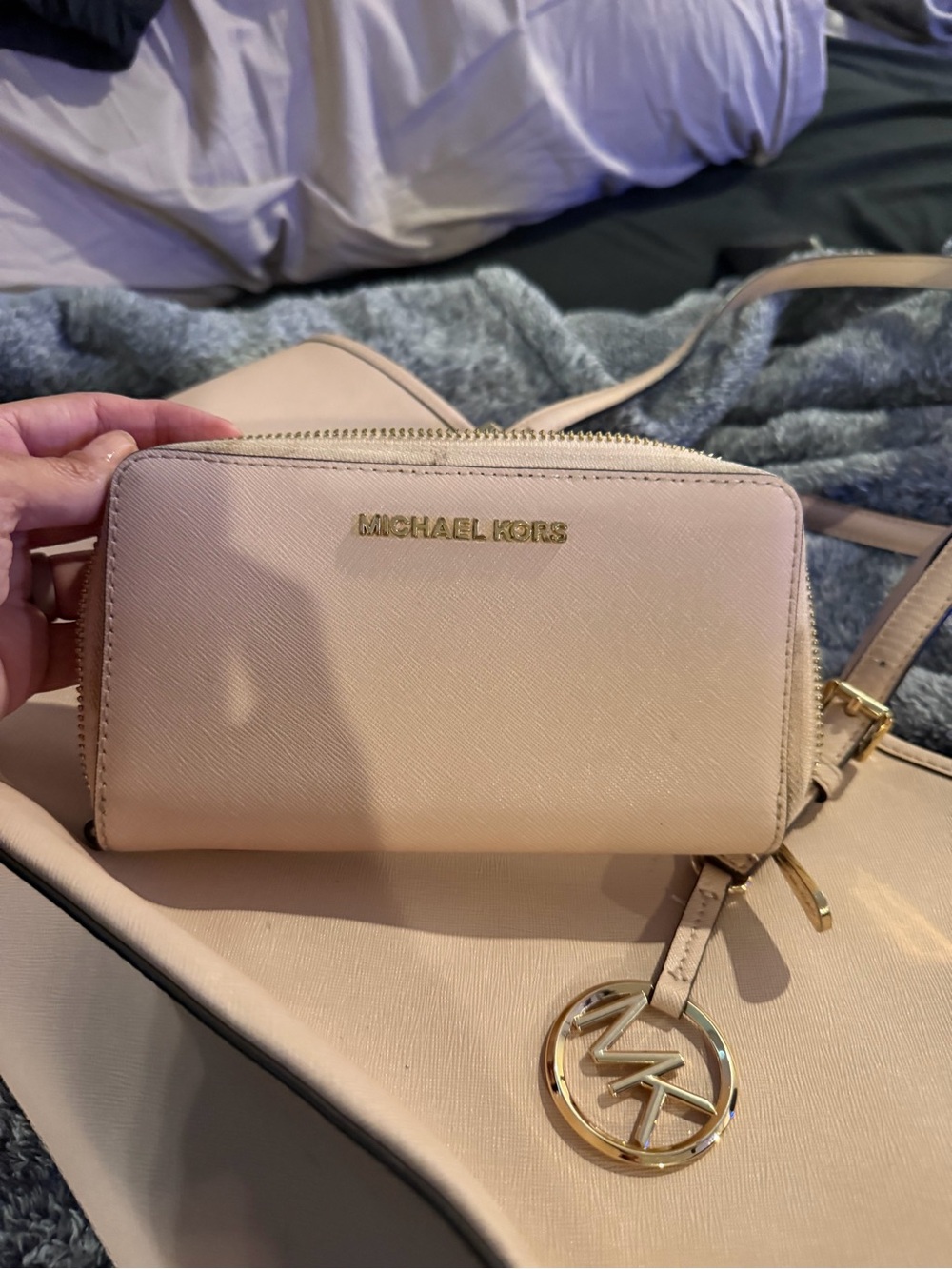 Michael Kors Pale Pink Saffiano Leather Zip Wallet Crossbody